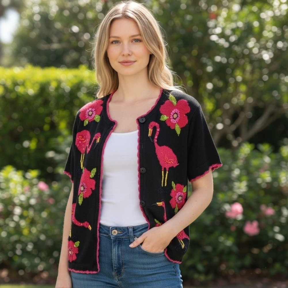 Vintage Black and Pink Flamingo Embroidered/Beaded Cardigan